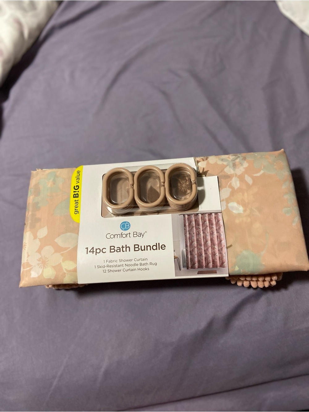 Comfort Bay Peach Floral Bath Bundle with Beige Hooks